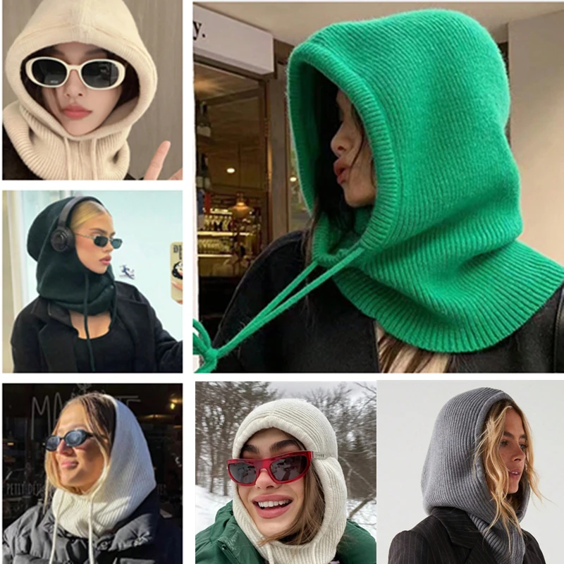 Hot Sale Women Winter Balaclava Cap Hooded Neck Warmer Windproof Knit Hat Outdoor Travel Winter Hat