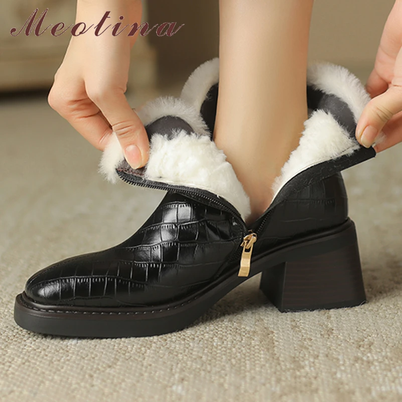 

Женские ботильоны из натуральной кожи Meotina, зимние ботинки на толстом высоком каблуке, с квадратным носком, на молнии, с пряжкой и шерстью