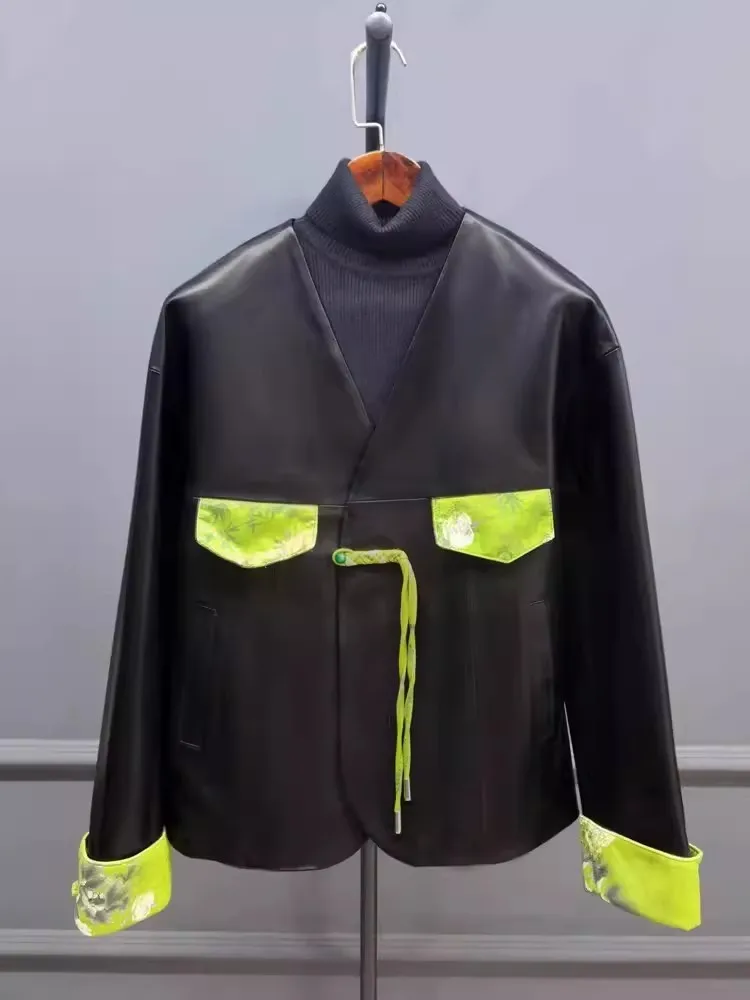 Women New Chinese Style Long Sleeve Genuine Leather Jacket V-Neck Printed Patchwork Casual Outwear Design Sheepskin Short Coat