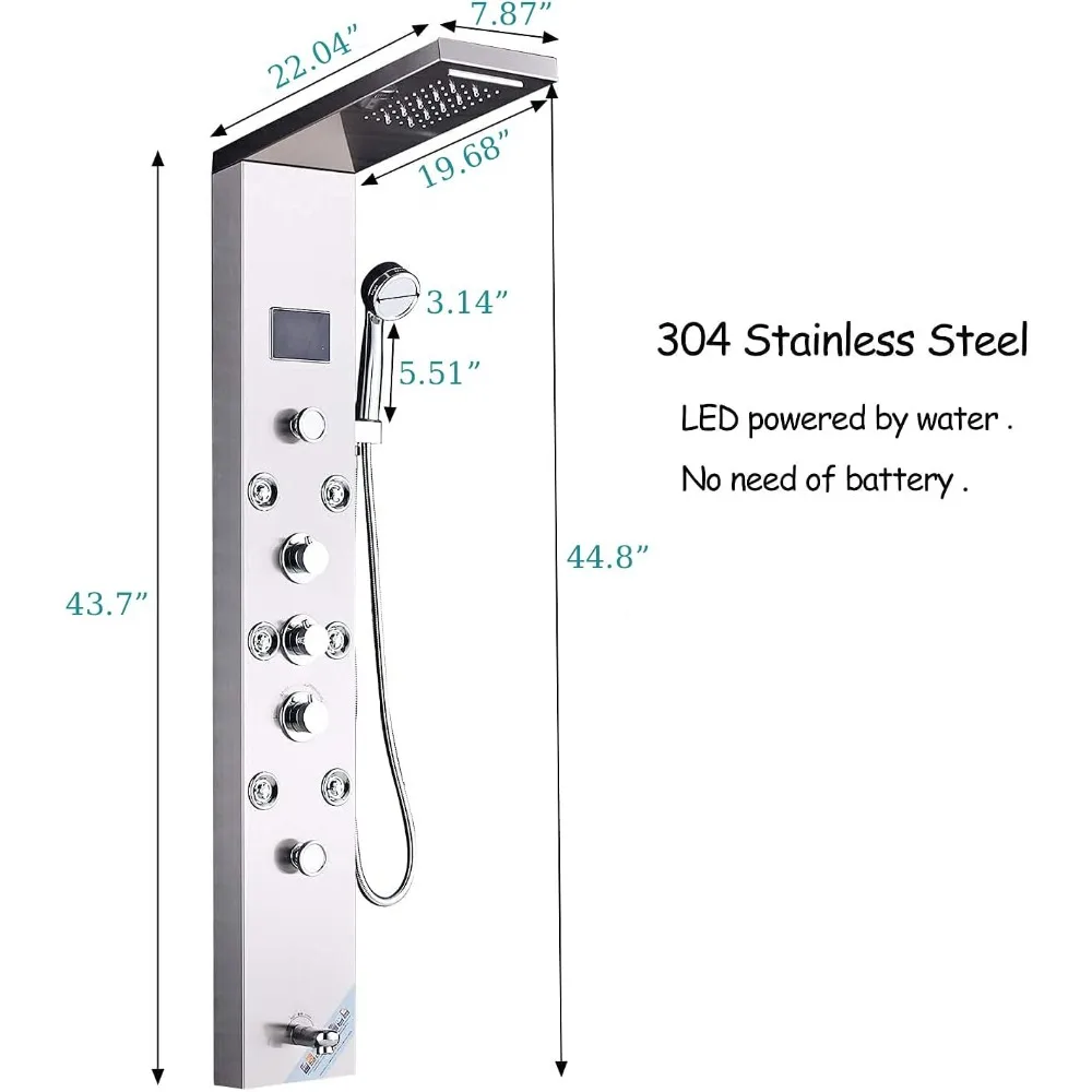 FUZ Contemporary Shower Panel Tower System Stainless Steel 6-Function Faucet LED Rainfall Waterfall Shower Head