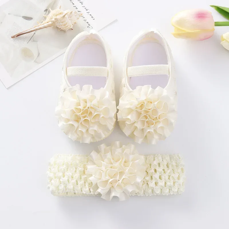 Spring Infant Baby Girl Shoes Newborn Lace Flowers Headband Anti-Slip Soft Sole First Walkers Toddler Kids Cotton Baptism Shoes baby shoes soft sole shoes