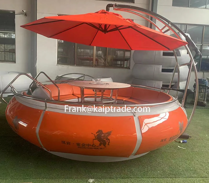 Eco electric powered outboard 10 person bbq lake pontoon floating fiberglass small bbq donut-boat round boat with pit