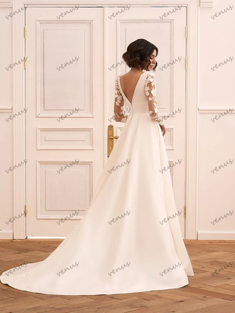 Classic Wedding Dresses 2025 A-Line Satin Bridal Gowns Full Sleeves Lace Appliques Elegant Robes Vestidos De Novia Customized 2