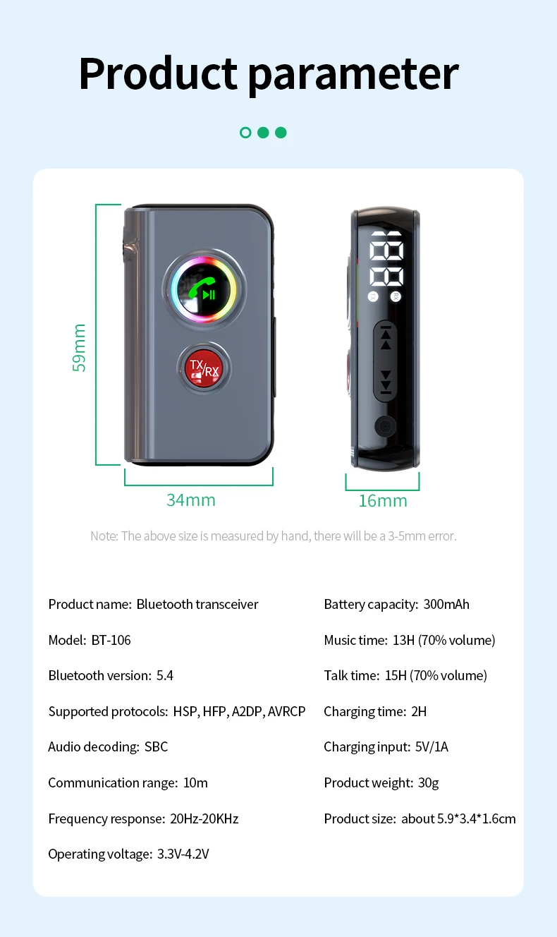 Bluetooth 5.4 Transmitter Receiver Wireless Audio Adapter with 3.5 mm AUX with L