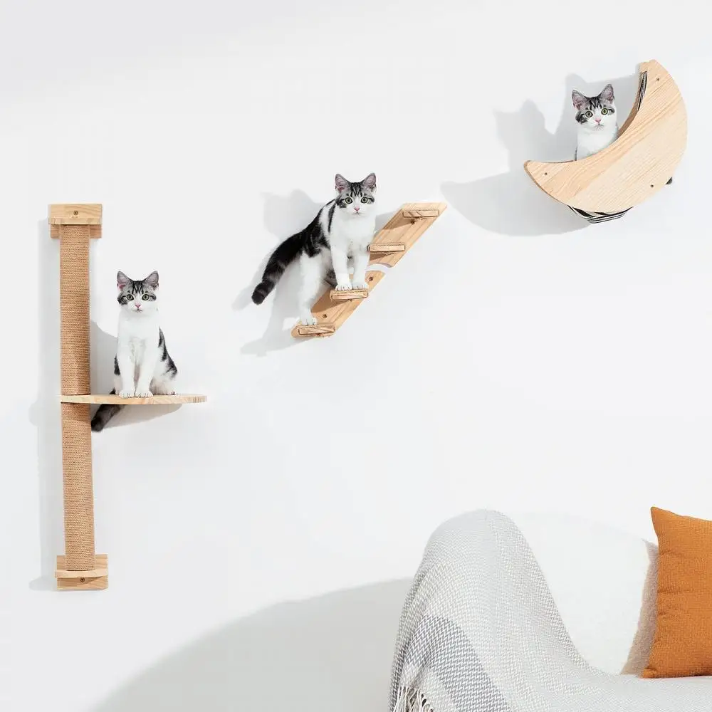 

Cat Climbing Stair Shelf Wall Mounted Hammock Wooden Jumping Platform with Sisal Rope Ladder 50cm/100cm Wall Furniture