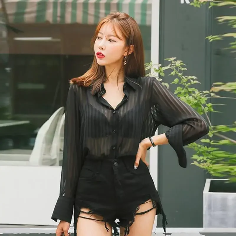 Tops for Women Sexy Long Sleeve Clothes Black Chiffon Womens