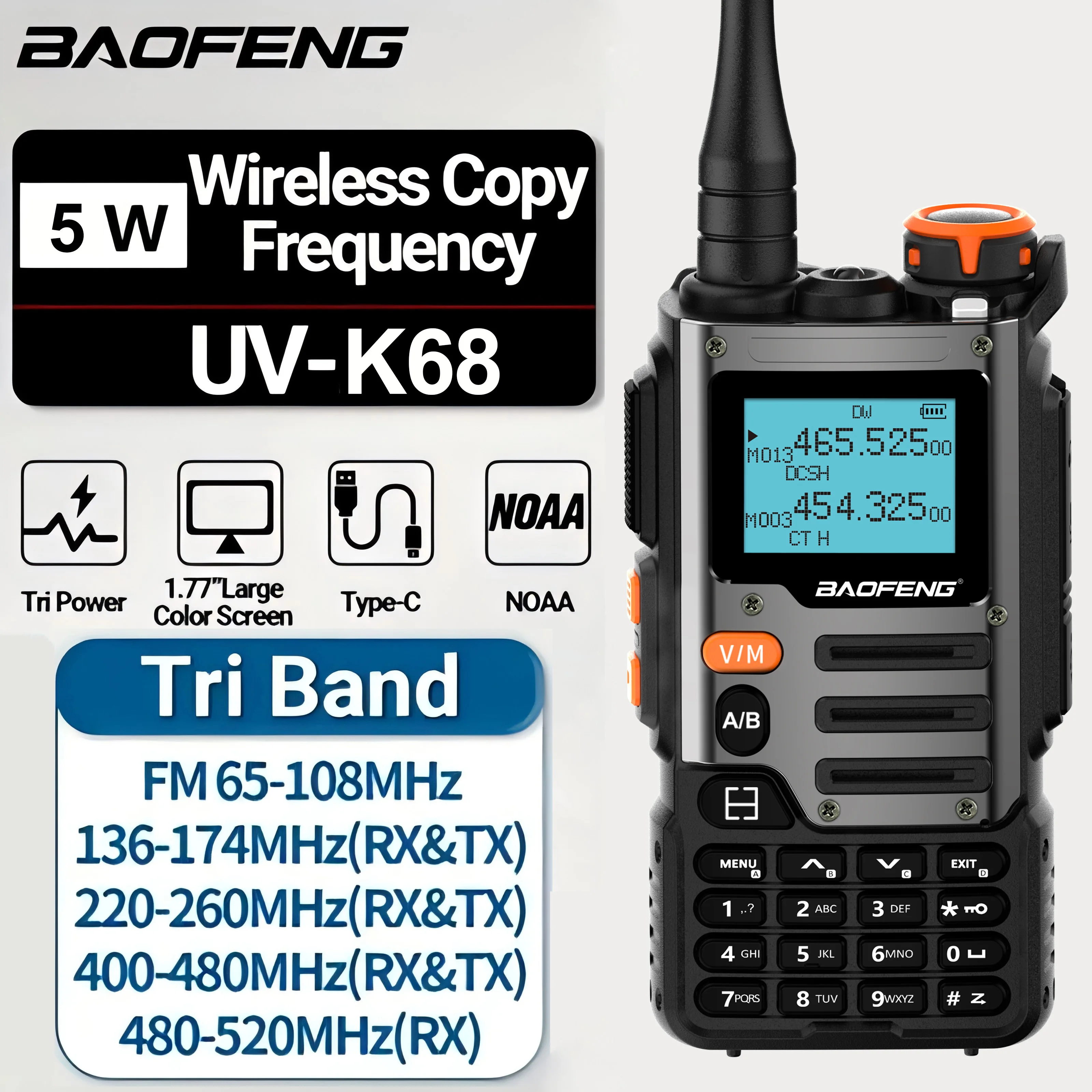 Baofeng UV-K68 Walkie Talkie Air Band Radio TYPE-C K68 Charge UHF VHF DTMF FM NOAA Wireless Frequency Two Way Radio 1