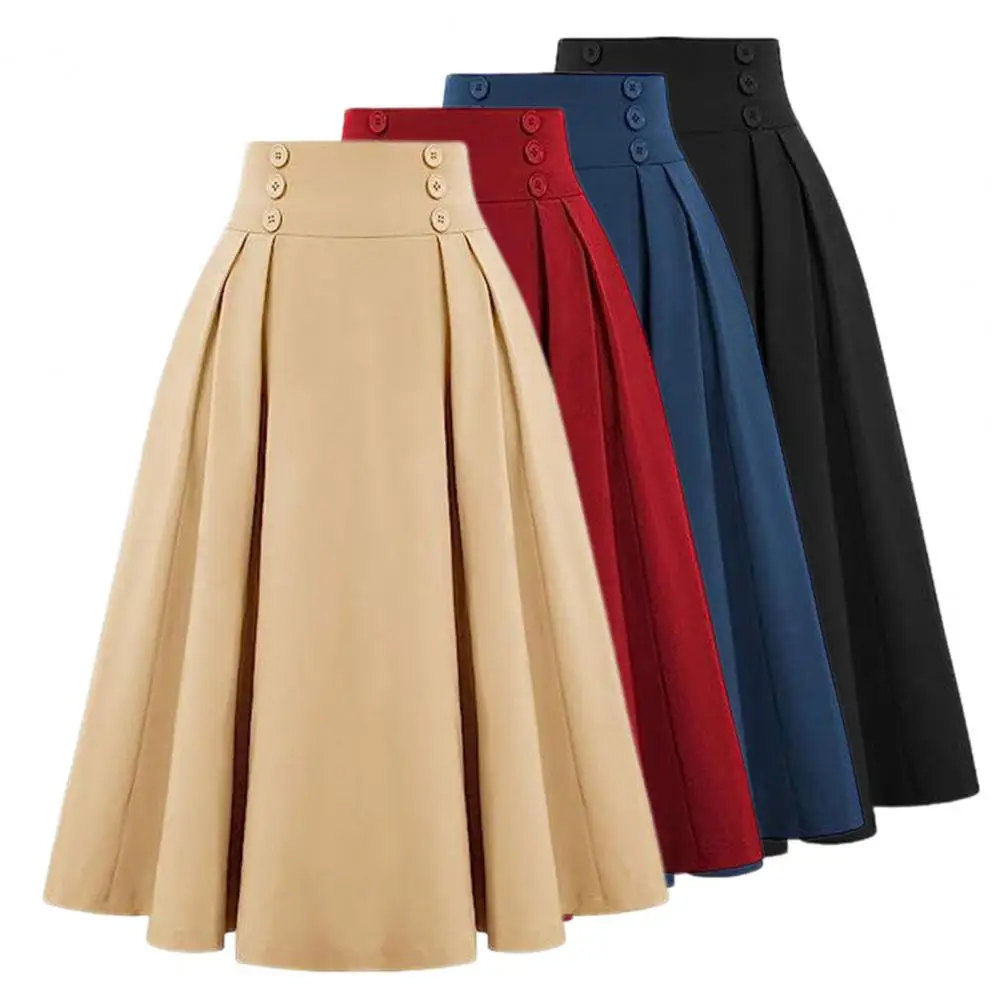 Loose Fit Midi Skirt High Waist A-line Midi Skirt Buttoned Office Lady Workwear with Pockets Solid Color Elegance for Women High