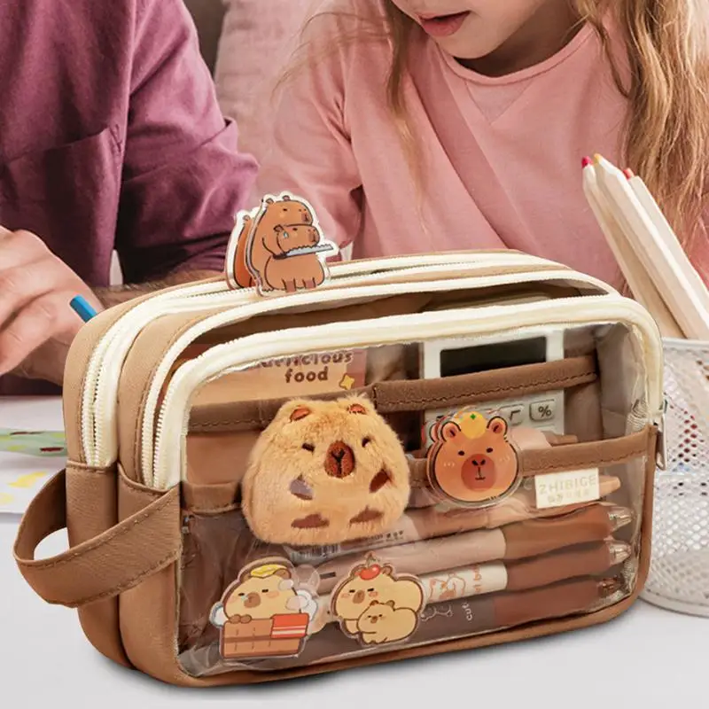 Aesthetic Clear Pencil Pouch pencil cases pen storage bag Capybara Large Capacity Pencil Pouch Large Capacity Multi-layers Pen Case Cute Workplace Stationery