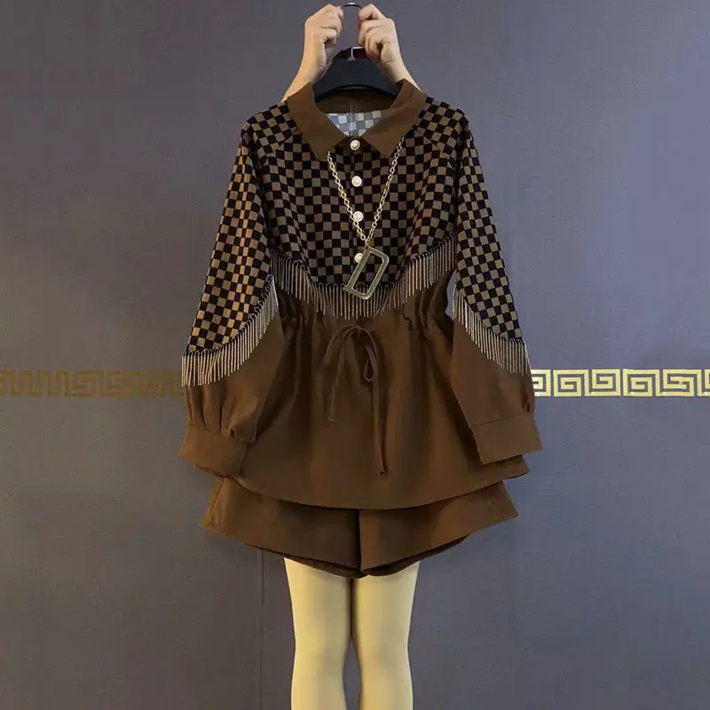 

Korean Plaid Print Tassel Spliced Blouse for Female Casual All-match Shorts Suit Fashion Women's Clothing Two Piece Set 2023