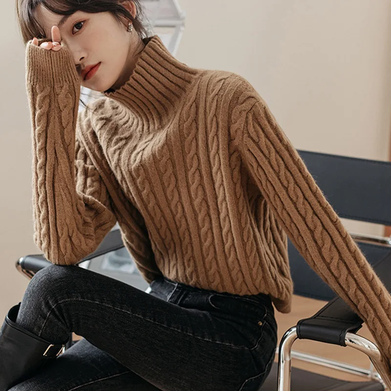 

Winter Long Women's Turtleneck Sweater New Thick Twist Warm Korean Style Loose Slimming and All-Matching Knitted Top Pullovers