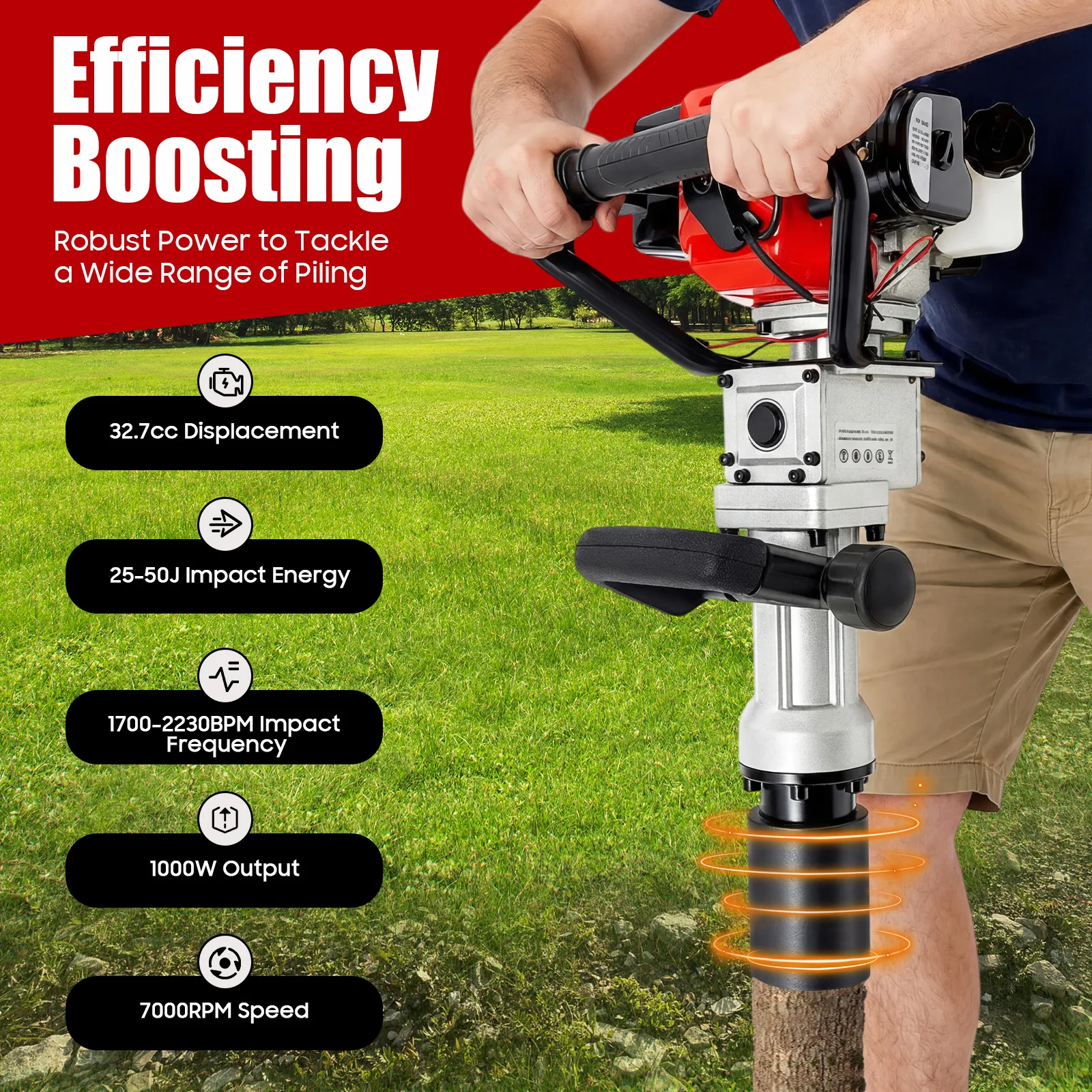JH-55 2-in-1 2-Takt 32,7 cm³ Hochleistungs-Zaunhammer T-Pfosten-Einsetzer Benzinbetriebener Pfahltreiber 1000W für Garten und Landwirtschaft