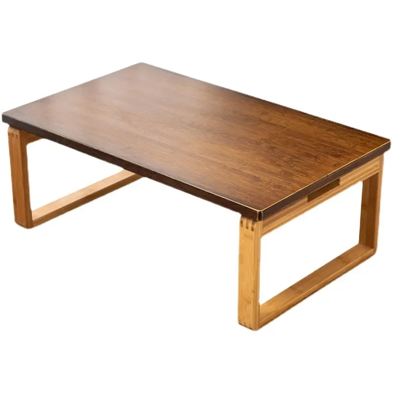 Chinese Style Folding Rectangular Low Table-Black Walnut Tone Bamboo Coffee Table, Compact Tatami/Bay Window Table for Home, S