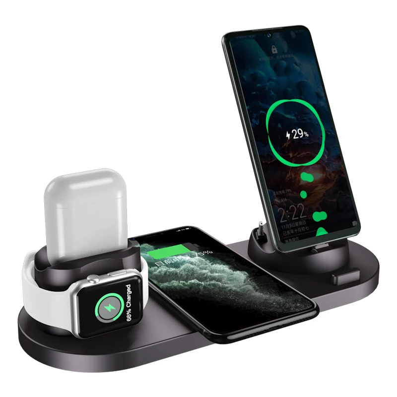 apple watch and phone charger New 6 in 1 Wireless Charger For Apple Watch 6 5 4 3 iPhone 12 11 X XS XR 8 Airpods Pro Samsung Xiaomi 10W Qi Fast Charging Stand samsung wireless charger trio Wireless Chargers