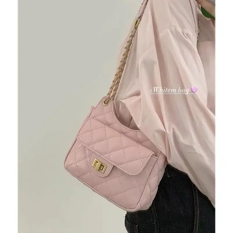 

Korean Summer New Diamond Checker Small Fragrant Style Fashion Chain Women Shoulder Bag Solid Sweet Leather Women's Underarm Bag