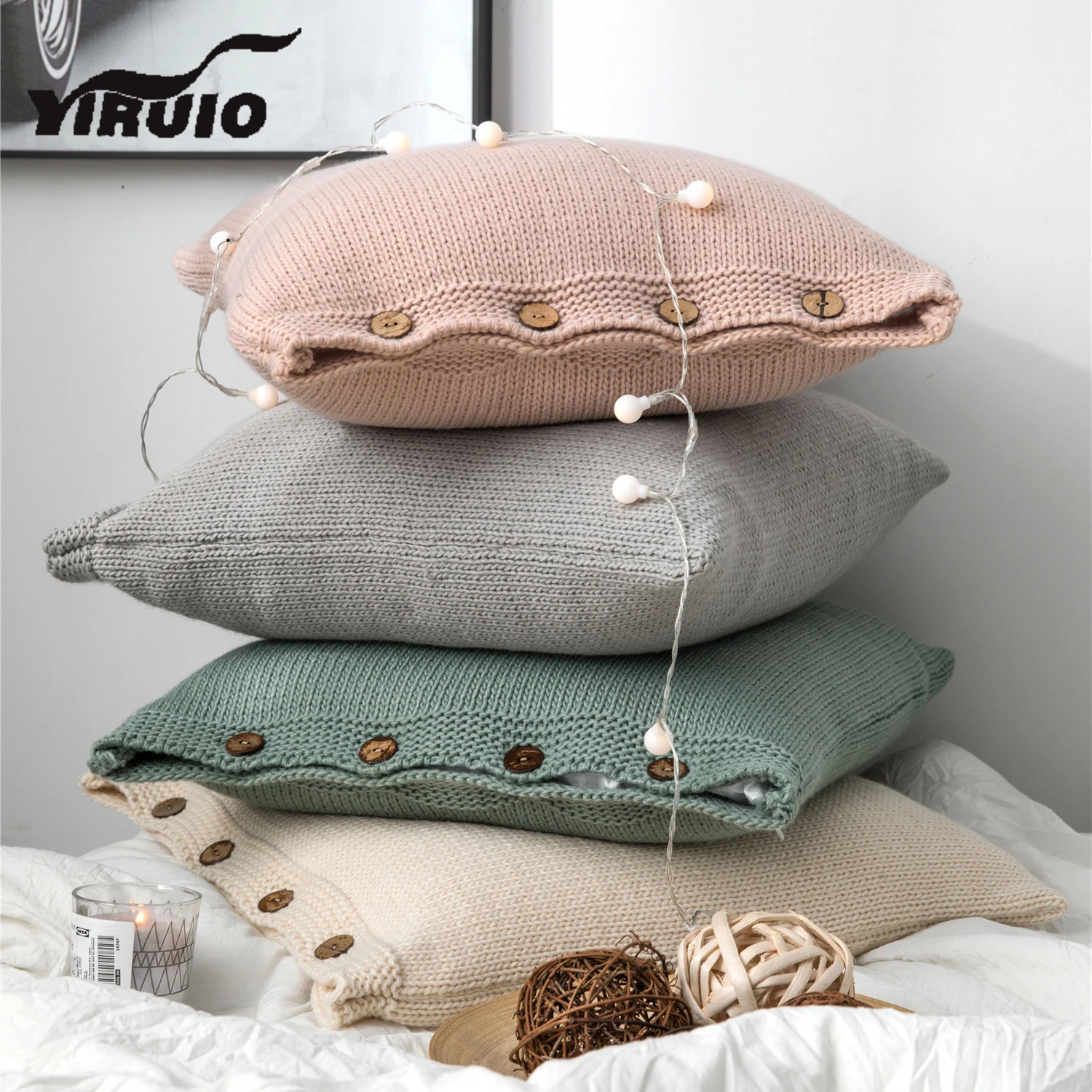 

YIRUIO Scandinavian Simple Button Pillow Case Gray Green Pink Beige Luxury Iceland Yarn Knitted Cushion Cover Bed Pillow Cover