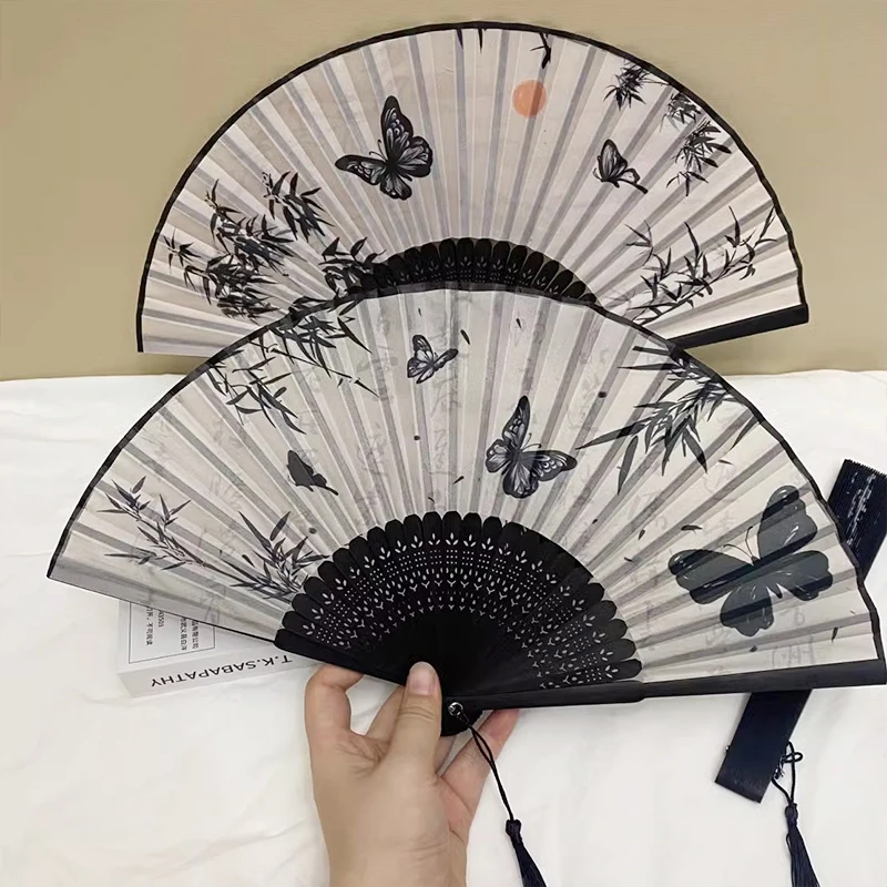 Chinese Style Folding Fan Vintage Hand Fan Decorative Dance Fans with Tassels Party Performance Props Portable Bamboo Fans
