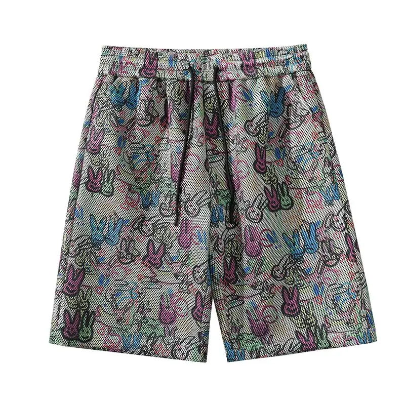 Graffiti Short Elastic Waist Shorts Mesh Hollow Casual Pants Summer Loose Trousers Trend Fashion Sports Streetwear 2023 New