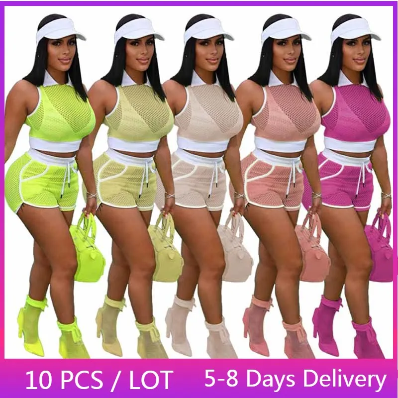 

Wholesale Items Hollow Out Sexy Two Peice Set Mesh Patchwork Summer Outfits for Women Workout Shorts and Sleeveless Crop Top Set