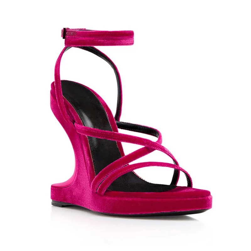 

Sexy Cross Strap Strange Wedge Sandals Women Fuchsia Green Velvet Ankle Strap Peep Toe Abnormal High Heels Evening Dress Shoes