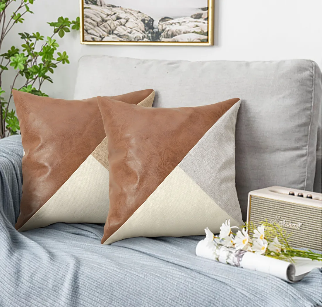 Sofa Cushion Cover Car Pillowcase European and American Style Leather Stitching Embrace Pillowcase Room Decoration 45x45cm