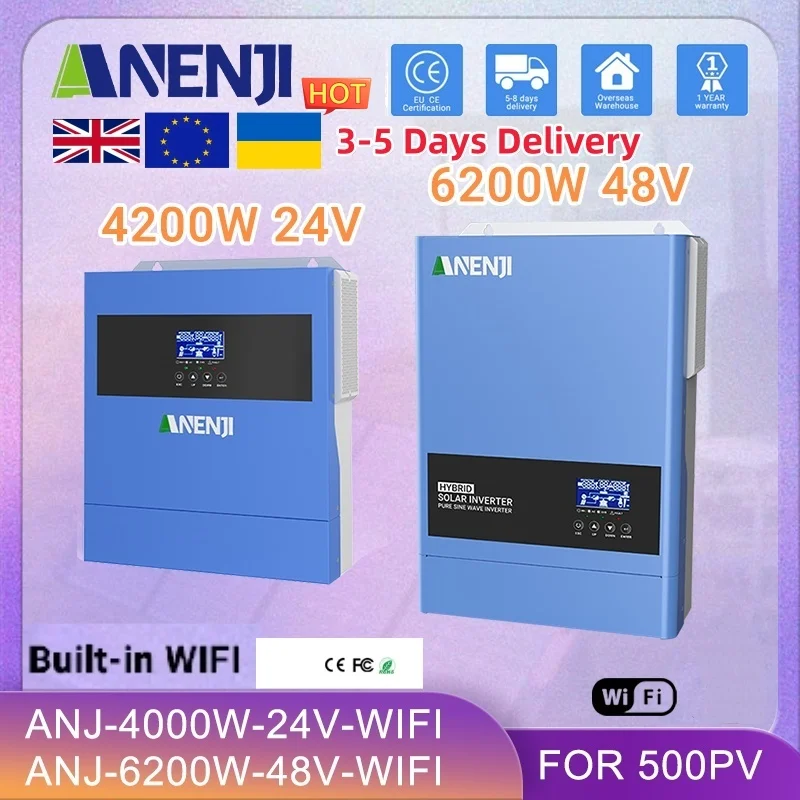 ANENJI 6.2KW 4.2KW Solar Inverter Hybrid 48V 24V Pure Sine Wave OnGrid ...