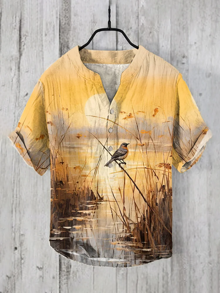 2024 Summer Cat Print Henry Shirt For Men Popular Men's Short sleeved Shirt  Fashion Casual Oversize Hawaiian Men's Top 6