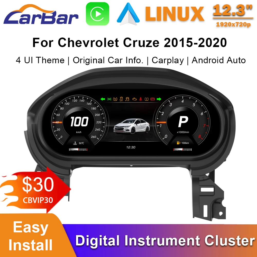 Panel de instrumentos LCD Carbar de 12.3 pulgadas para Chevrolet Cruze 2015-2020, generación Monza, grupo de instrumentos digitales para coche, Holen Astra Opel 1