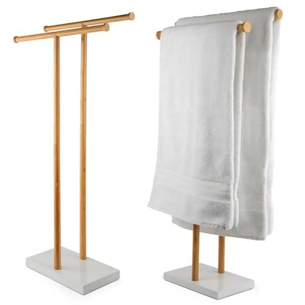 

Bamboo 2-Tier Towel Rack with Marble Base Standing Bathroom Holder Display Stand Elegant Drying Solution Stable and Sturdy