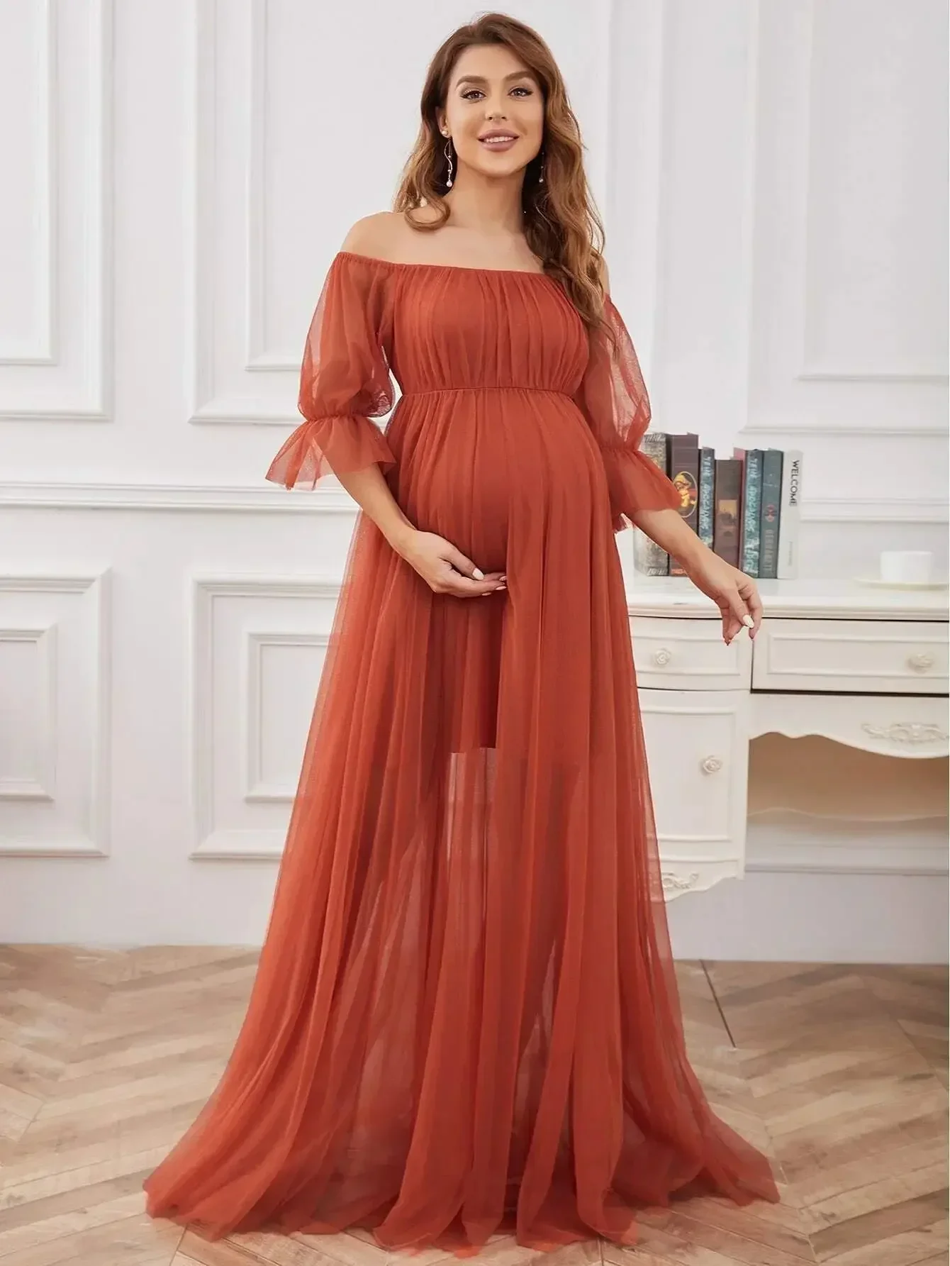 

Off Shoulder Maternity Photo Dress For Pregnant Tulle Woman's Evening Dress Long Pregnancy Shooting Dress Women Photography Gown