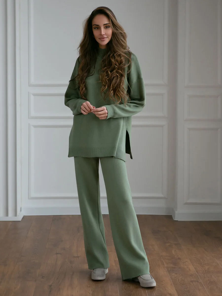 Tesco Solid Knitted High Neck Split Sweater Pant Set For Women Wear 2023 Autumn/Winter Fashion Casual Lazy Sweater+Pants 2 Piece