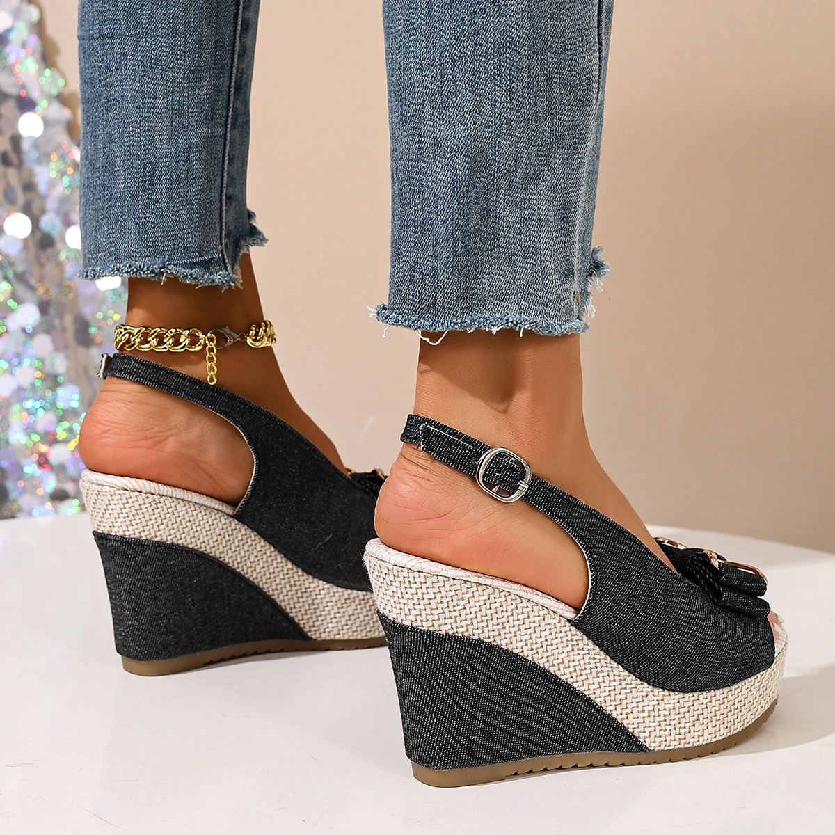 Comfortable Retro Women's Leather Wedge Platform Sandals Black_voghion.com