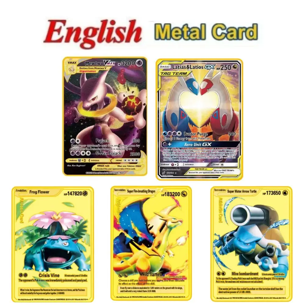 5PCS Pokemon Iron Cards Golden Metal Pokemon Shiny Letters Pikachu