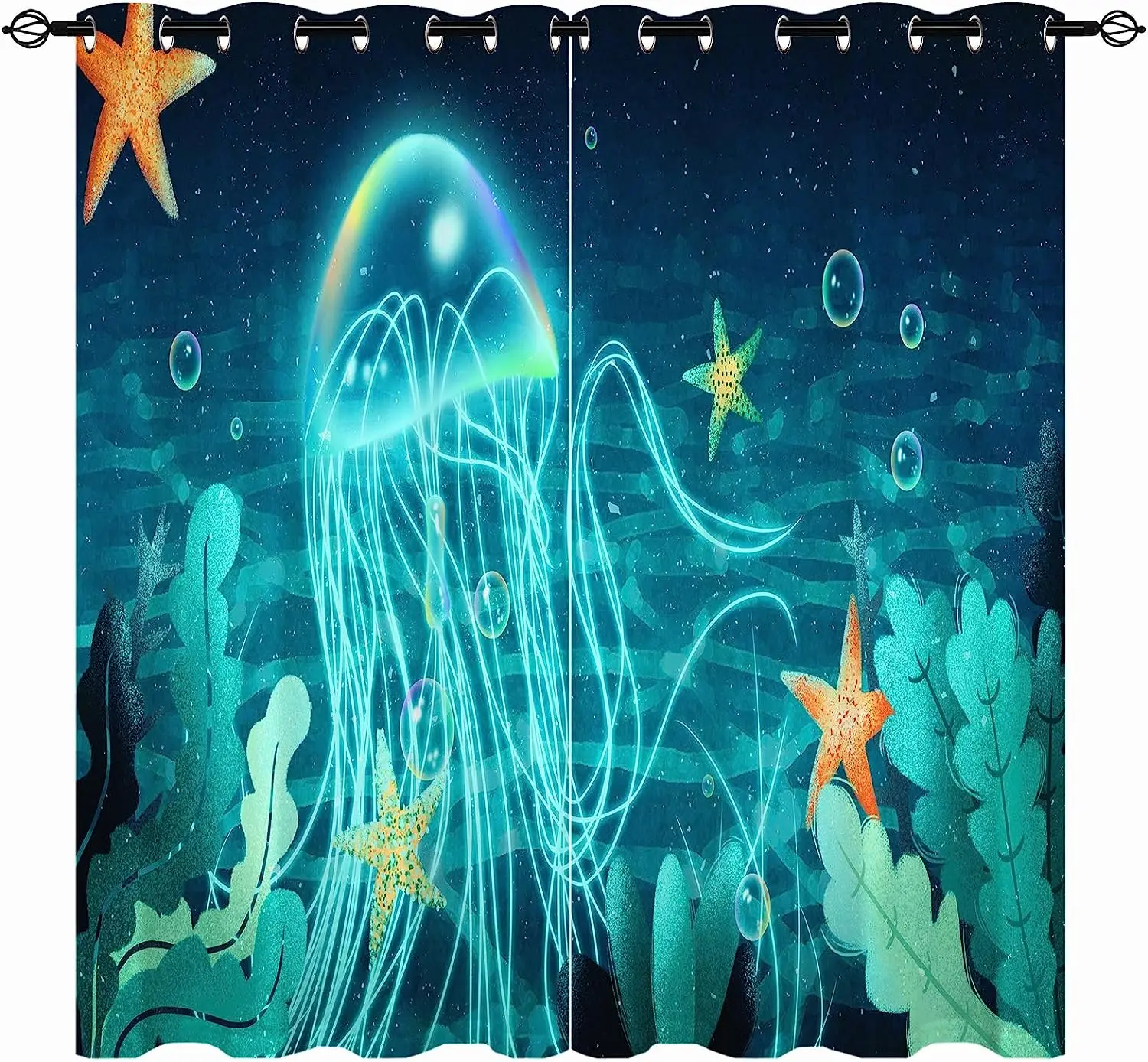 

Window Curtain for Living Room and Bedroom Decor, Marine Life Animals, Jellyfish, Starfish, Shading, Rod Pocket, 2 Pieces