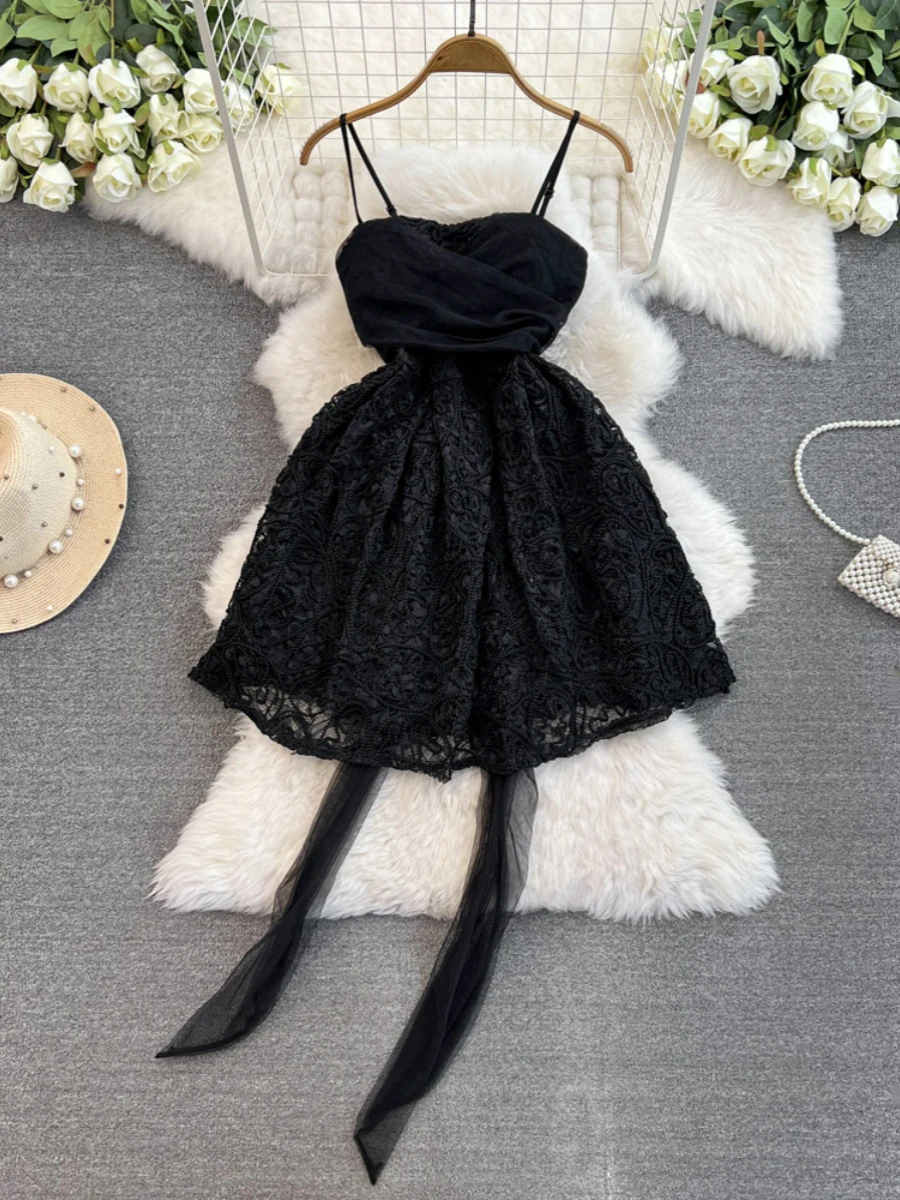 

Элегантное банкетное платье в стиле принцессы для женщин, летние трапециевидные сетчатые короткие платья на бретелях-спагетти, стандартные платья в Корейском стиле