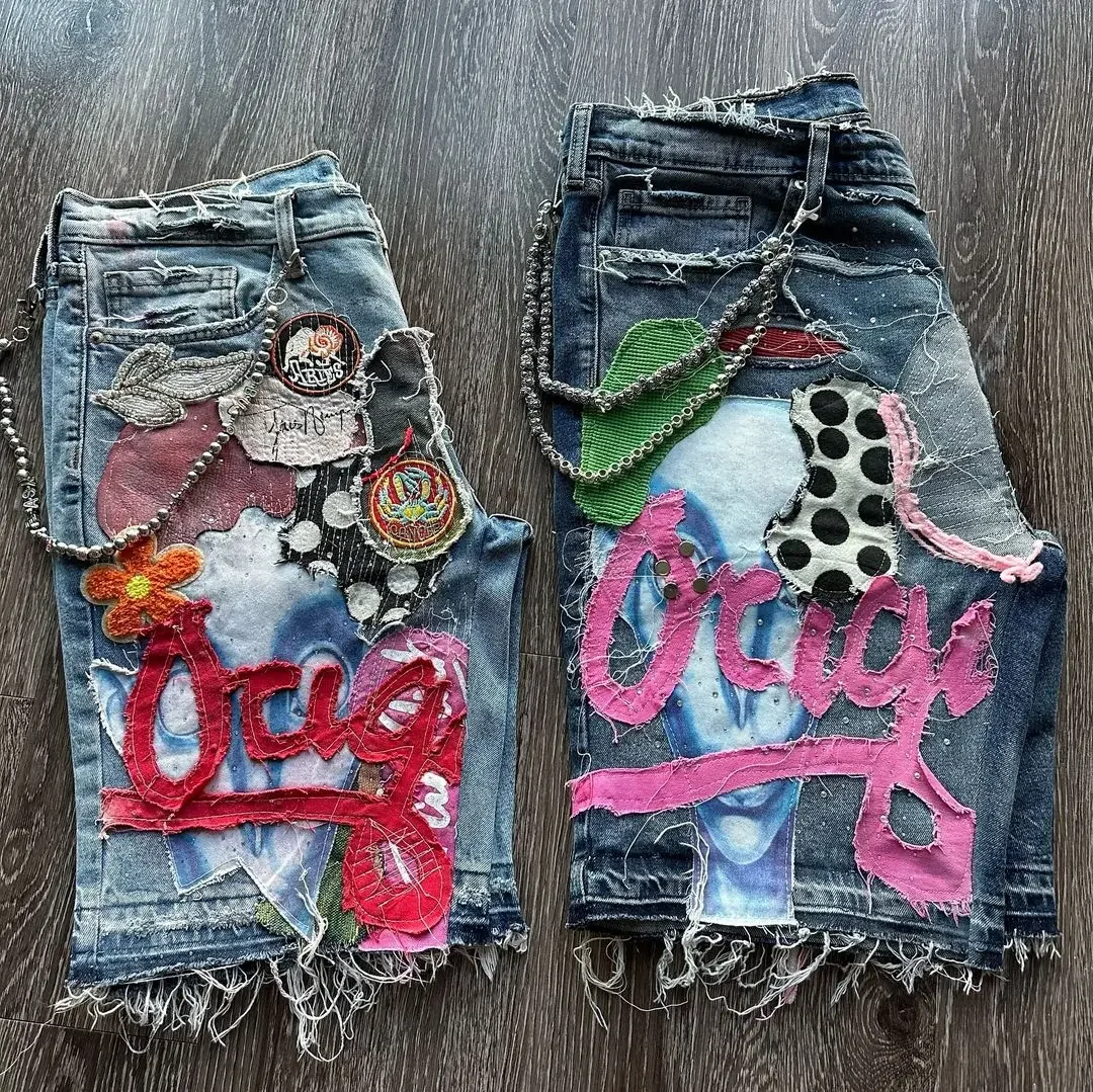 Gothic Punk Skull Letter Pattern Patchwork Shorts Men Y2k Streetwear Pants Hip Hop Fashion Denim Shorts Summer denim shorts