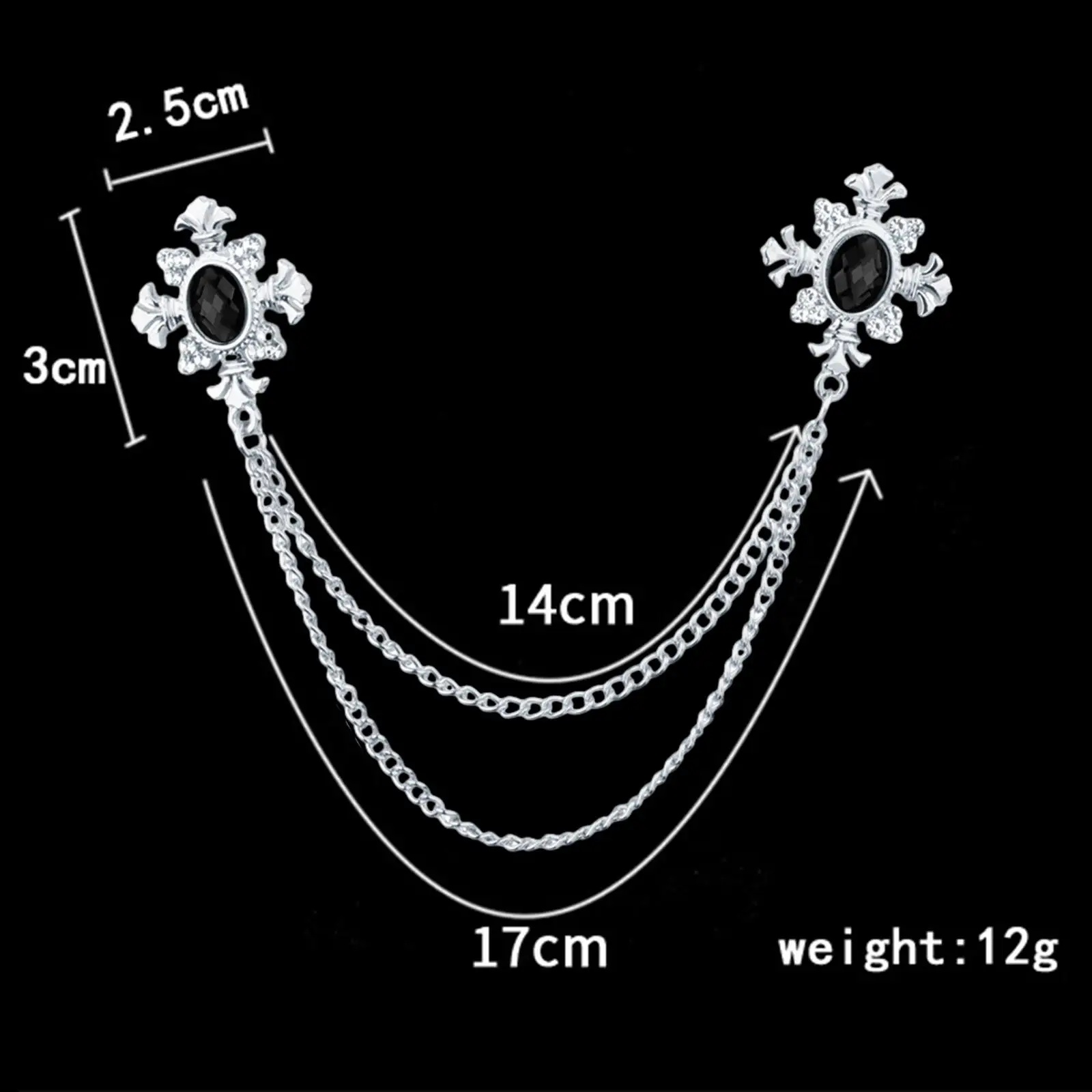 2xMen`s Brooch Lapel Fashion Women Rhinestone Chain Brooch for Shirts Coat Tie Silver Black