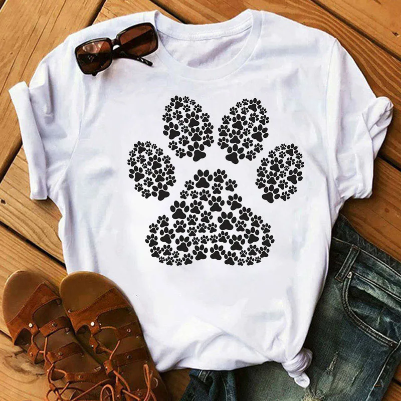 

Cute T-shirt Tops Creative Heart Dog Paw Print Fashion Casual Tops Summer simple Ladies tee shirt short-sleeved t shirt