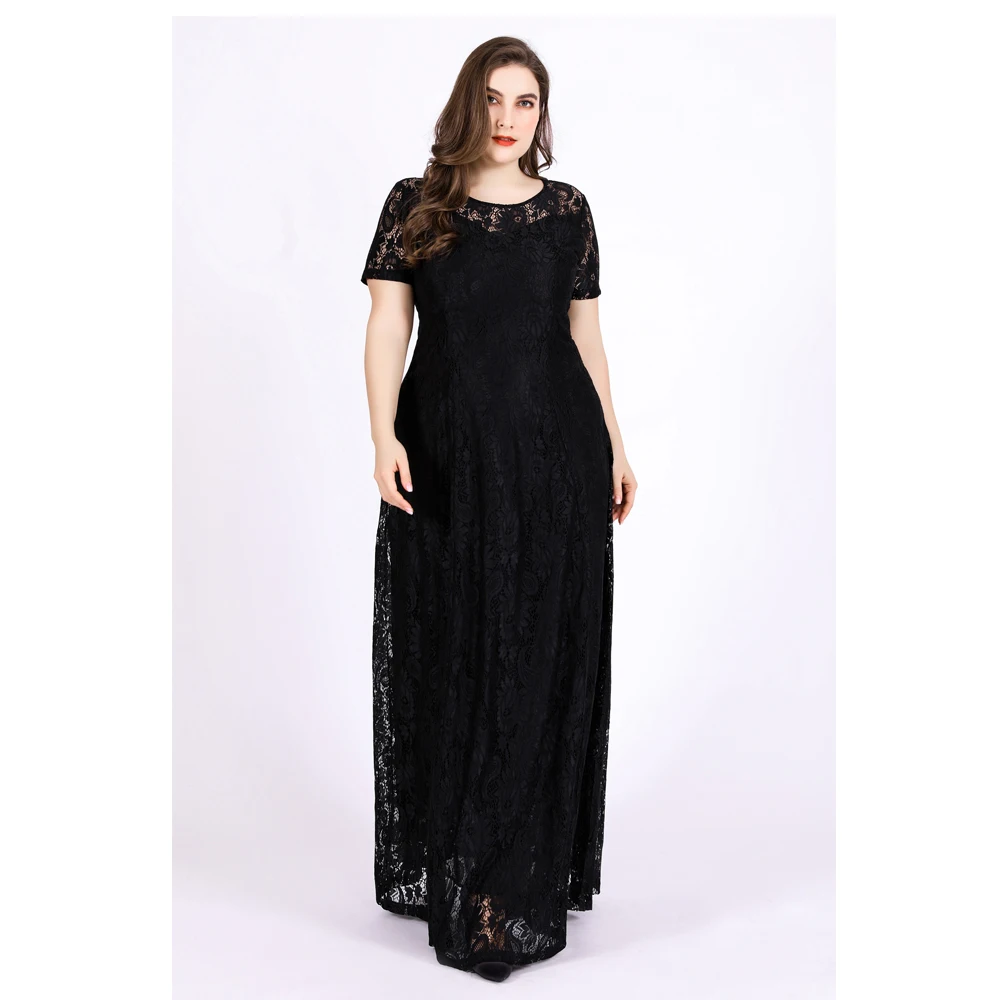 

The new 2023 large size ladies' hollow out evening gown posed in the see-through lace dress with short sleeves waist dress 6 x