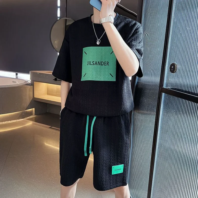 티셔츠 반바지 세트, 남성 시크 캐주얼 남성 의류, 한국 스타일, 부드러운 Xl 레귤러 핏 5xl 2 피스 복장, 무료 배송 상의 제공