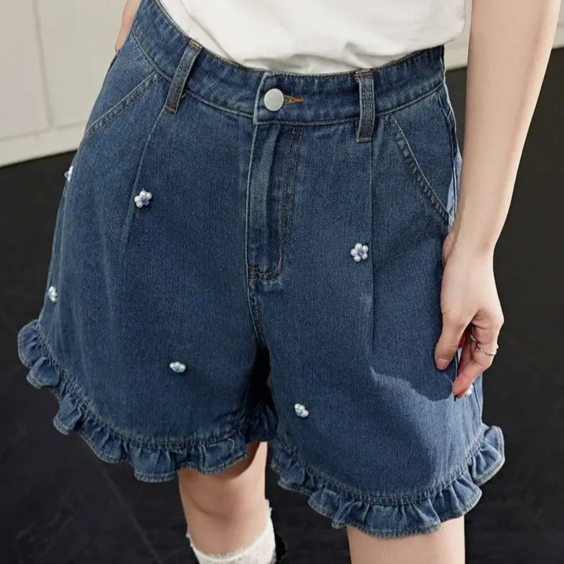 Denim Shorts Ruffles Stereoscopic Flower Women Basic Wide Leg Solid Summer Thin Loose Soft Vintage Shorts Korean