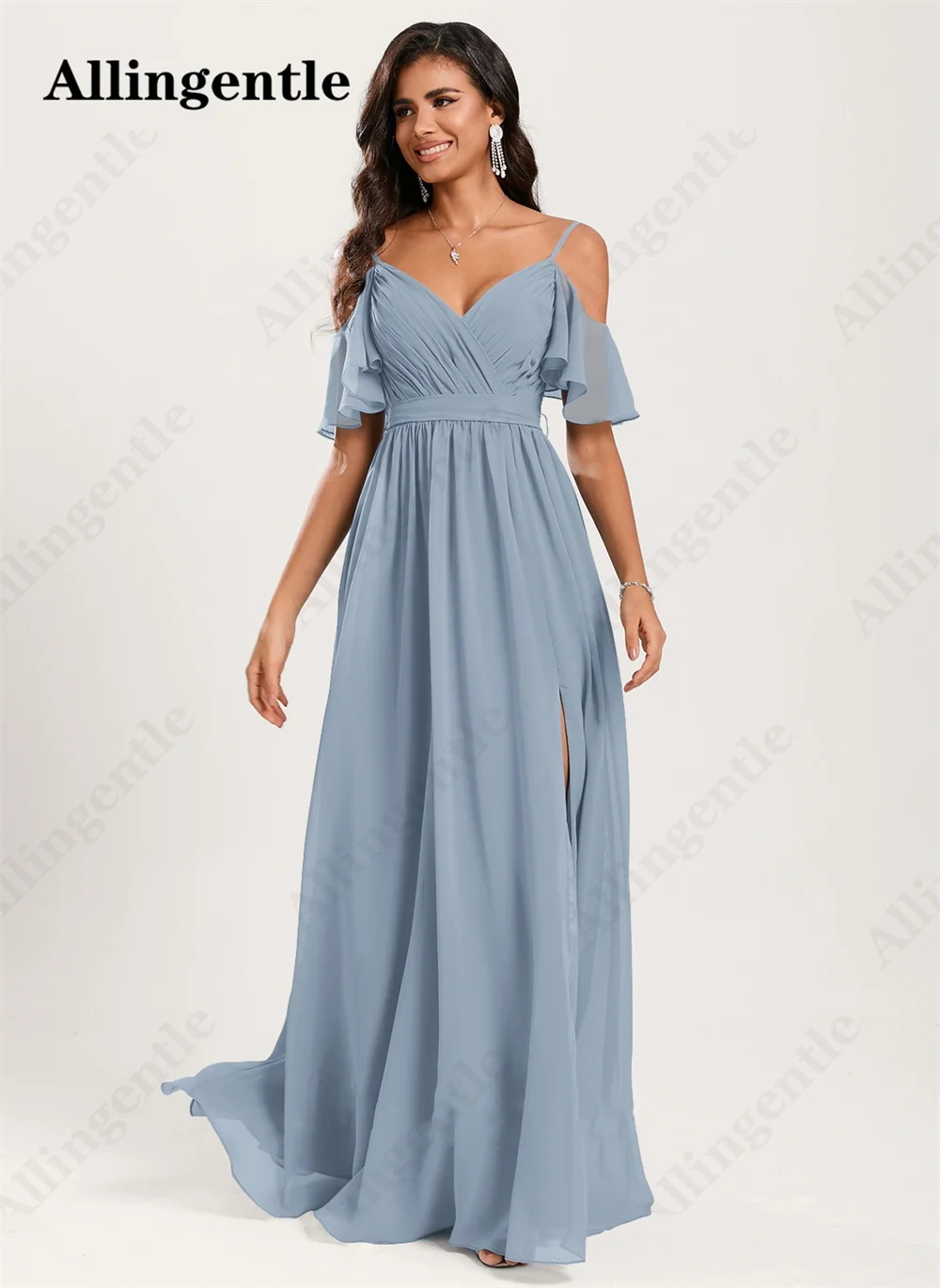 A-Line V-Neck Bridesmaid Dresses Spaghetti Straps Short Sleeves Floor Length Split Side Chiffon Women Evening Gown