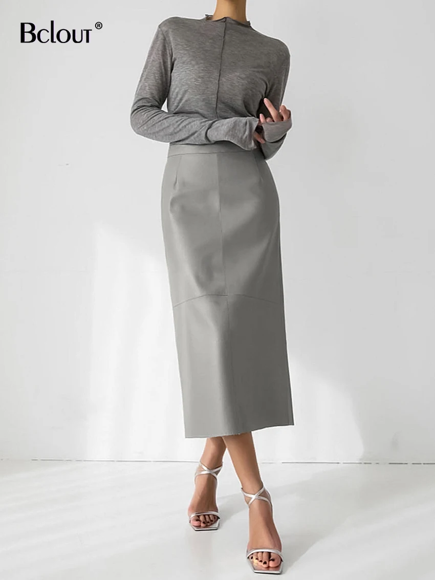 

Bclout Autumn Gray Leather Skirts Women 2023 Elegant Office Lady Black Pu Straight Skirts Fashion Party Slit Long Skirts Female