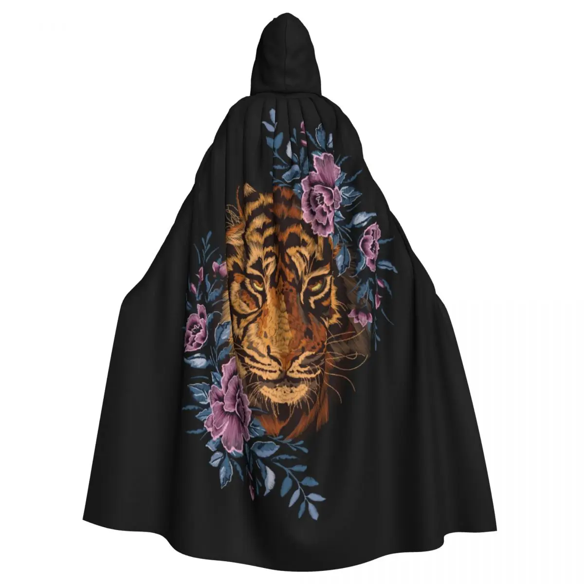 

Adult Halloween Tiger Head Ethnic Flowers Cloak Cape Hooded Medieval Costume Full Length Dress Coat