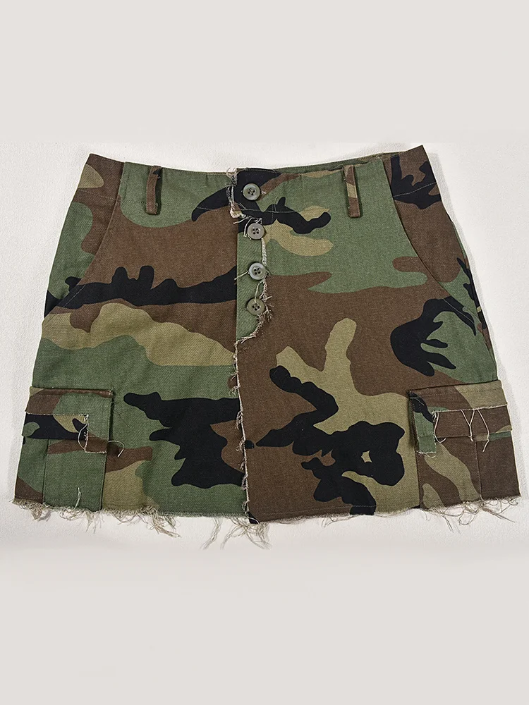 A-line Burr Edge Split High Waist Camouflage Mini Skirt