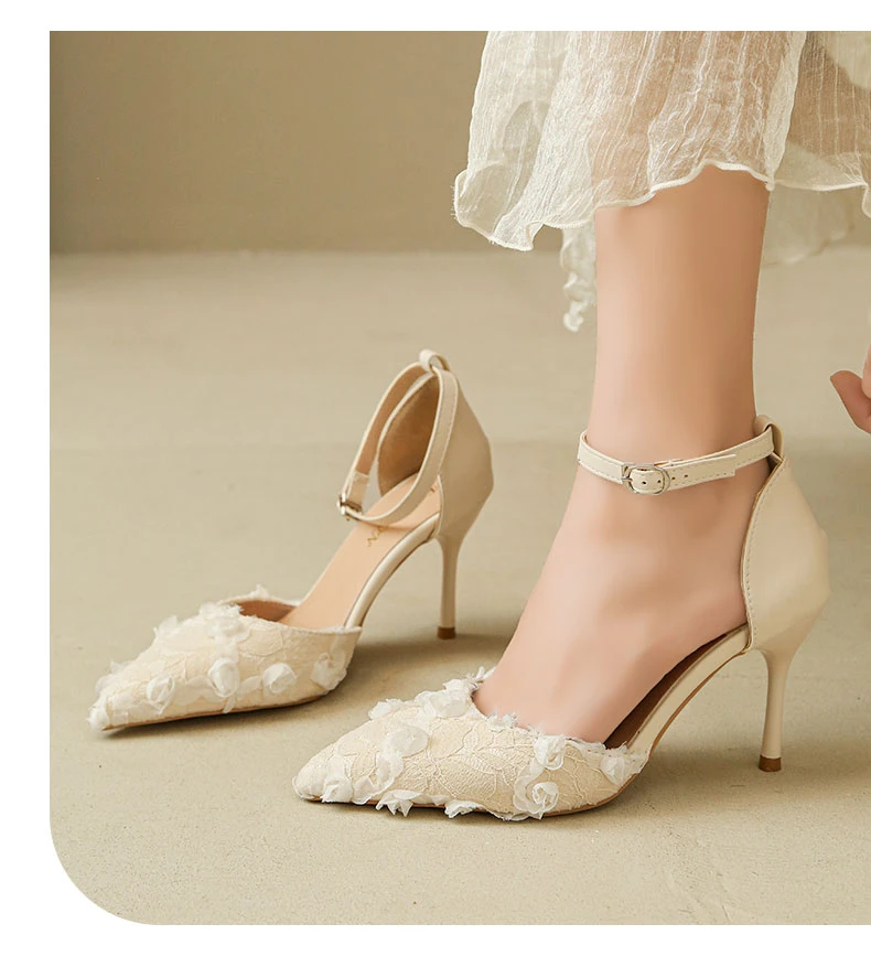 2026 Modische Rosa Spitzen-Blumen-Knöchelriemen-Absatzschuhe für Damen, Spitze Stiletto-Pumps in Übergrößen, Partyschuhe – Detail 1