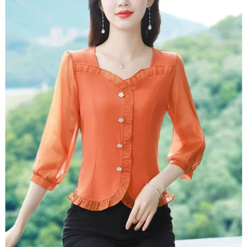 2024 Summer New Women's Solid Color V-Neck Button Pullovers Fashion Slim 3/4 Sleeve Commuter Wood Ear Patchwork Short Shirt Top