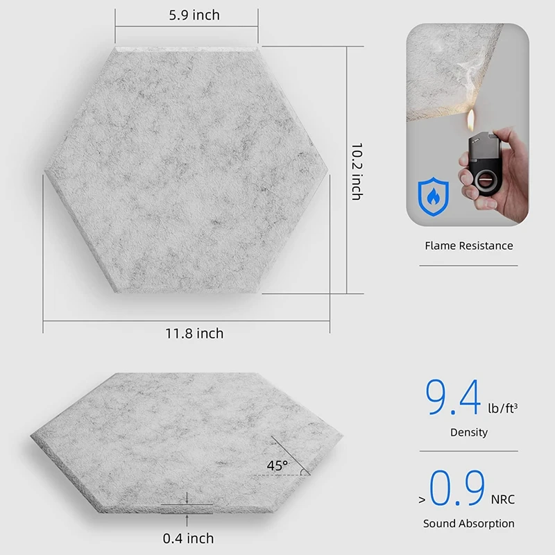 12Pcs Self-Adhesive Sound Proof Foam Acoustic Panels Reduce Noise And Eliminate Echoes 12X10X0.4In Hexagonal ,Silver Gray