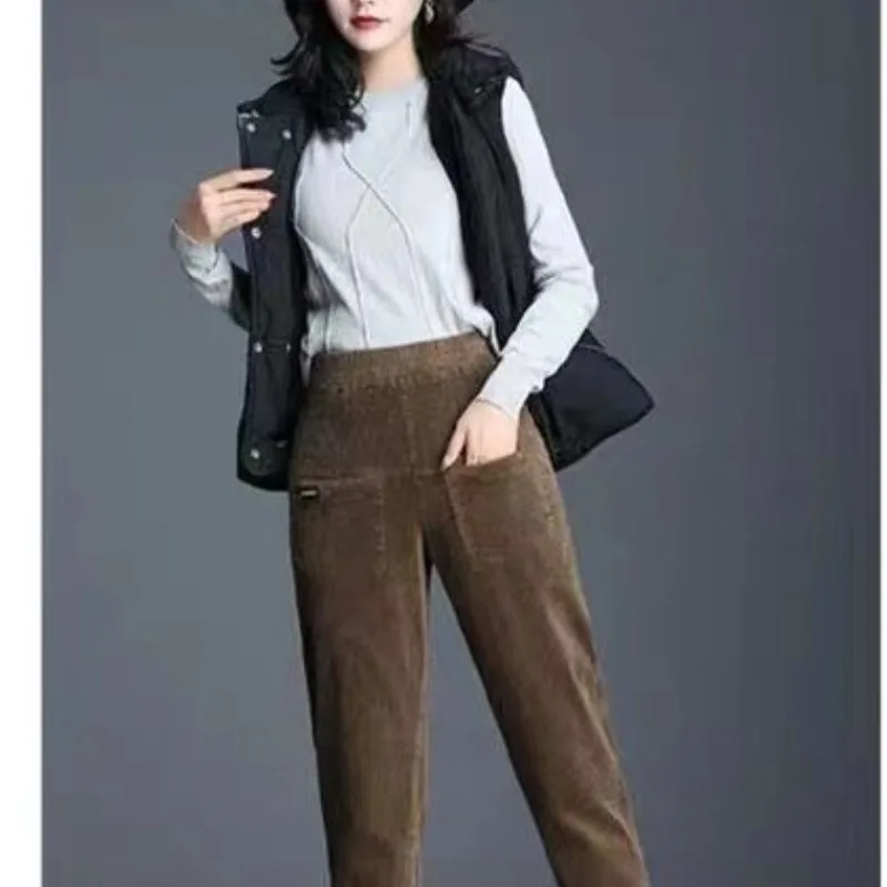 Autumn and Winter New Patchwork Pockets Solid Loose and Thickened Casual Fashion High Waist Women's Harlan Straight Leg Pants
