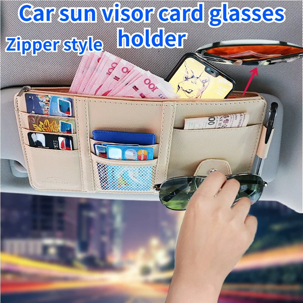 

Universal Car Sun Visor Card Glasses Holder Clip Multifunctional Zipper Style Pen Bill Papers Mobile Phone Change Storage Baffle